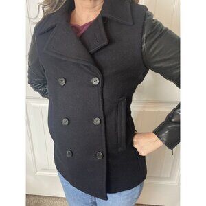 AllSaints Black Wool / Leather Zaskai Pea Coat Jacket XS XSmall